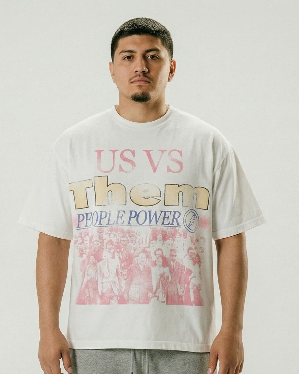People Power tee front view - model wearing white tee